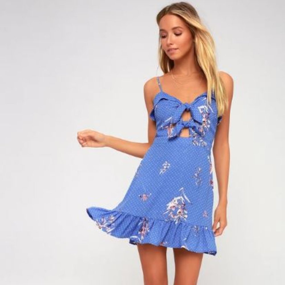 Lost + Wander Periwinkle Blue Floral Print Tie-Front Mini Dress